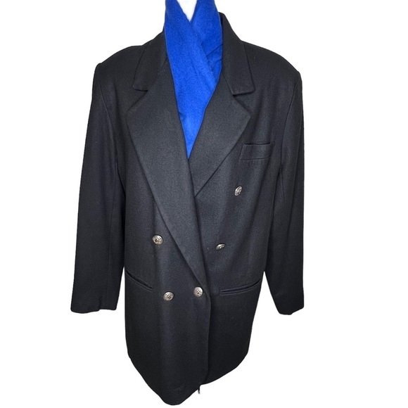 VTG Dumas Wool Car Coat Black Size 16 Double Breasted Crest Buttons Notch Collar - Picture 3 of 14